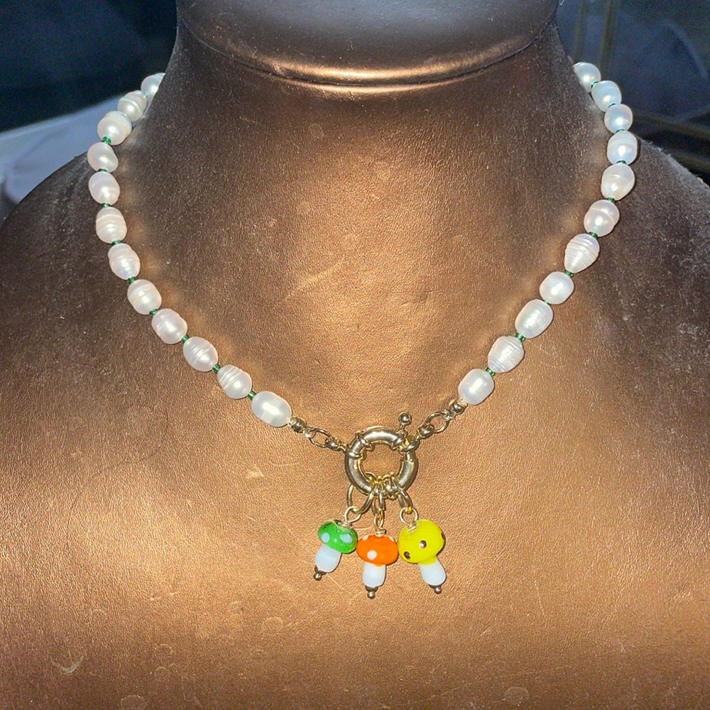 Faux pearl necklace with mushroom charms